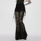 PUNK RAVE Women's Gothic Floral Lace Drawstring Ruched Flared Pants