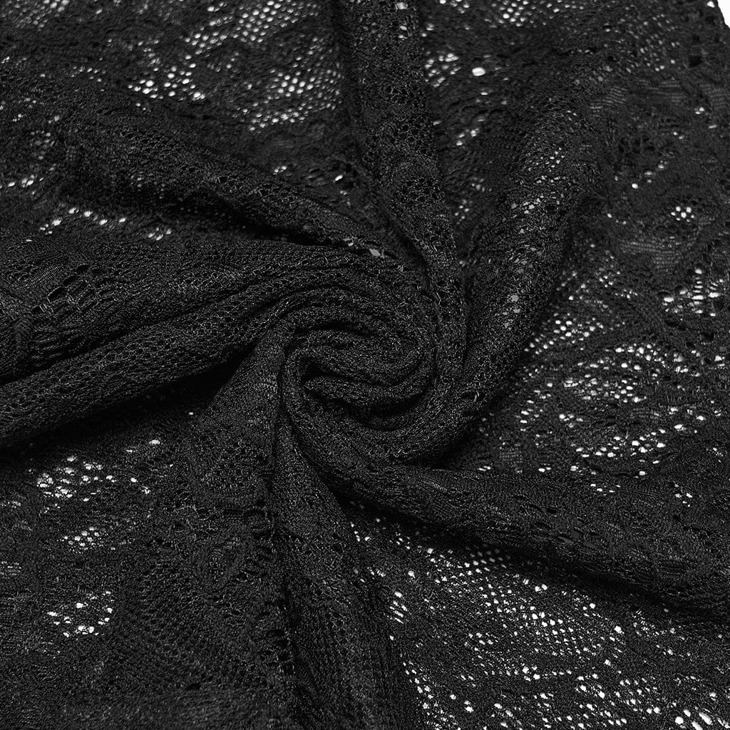 PUNK RAVE Women's Gothic Floral Lace Drawstring Ruched Flared Pants