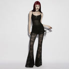 PUNK RAVE Women's Gothic Floral Lace Drawstring Ruched Flared Pants