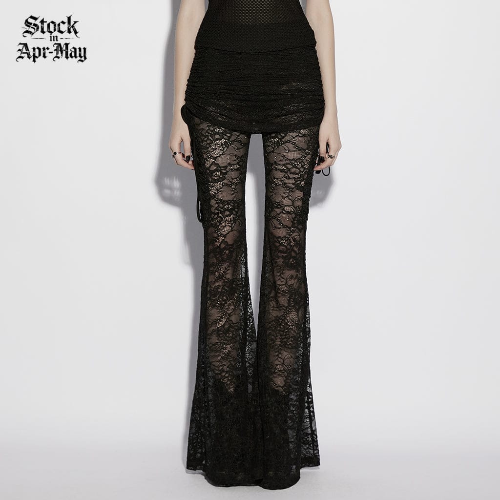 PUNK RAVE Women's Gothic Floral Lace Drawstring Ruched Flared Pants
