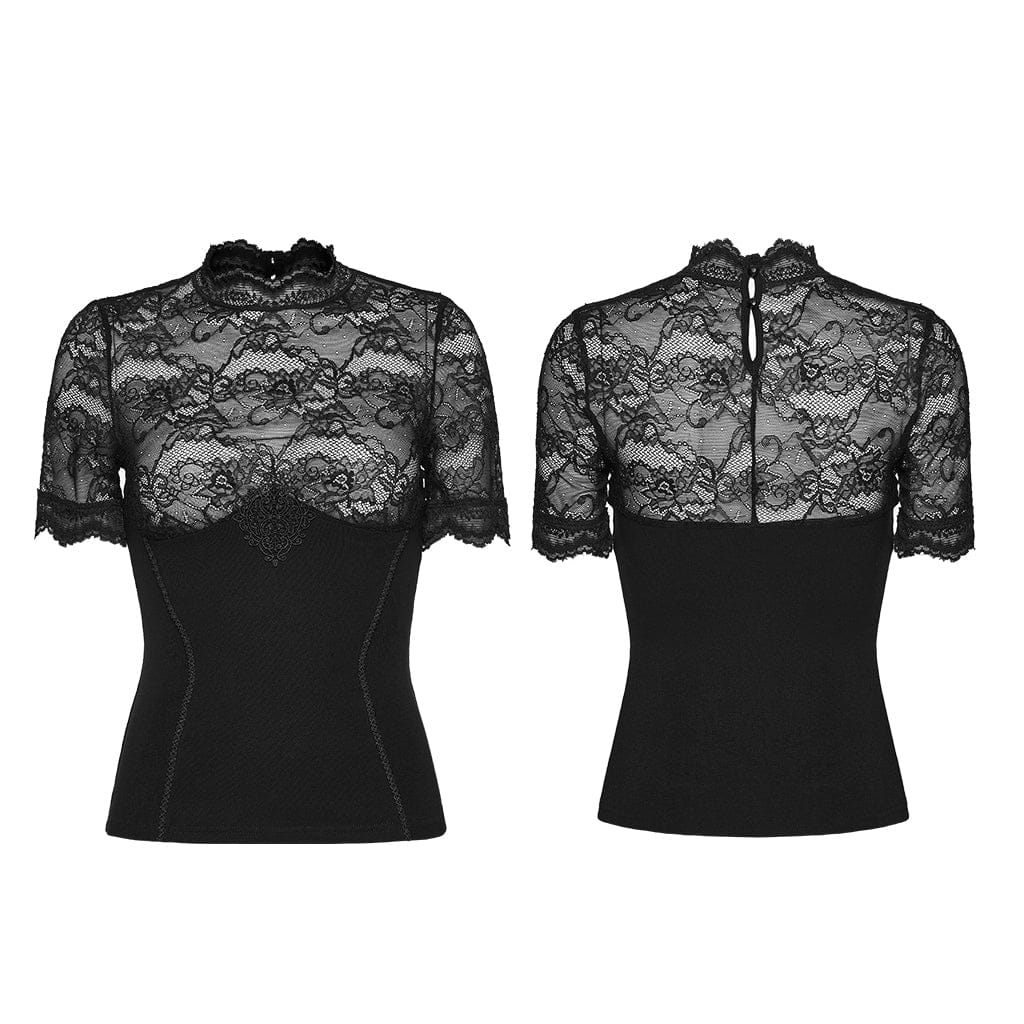 PUNK RAVE Women's Gothic Floral Lace Short Sleeved Top