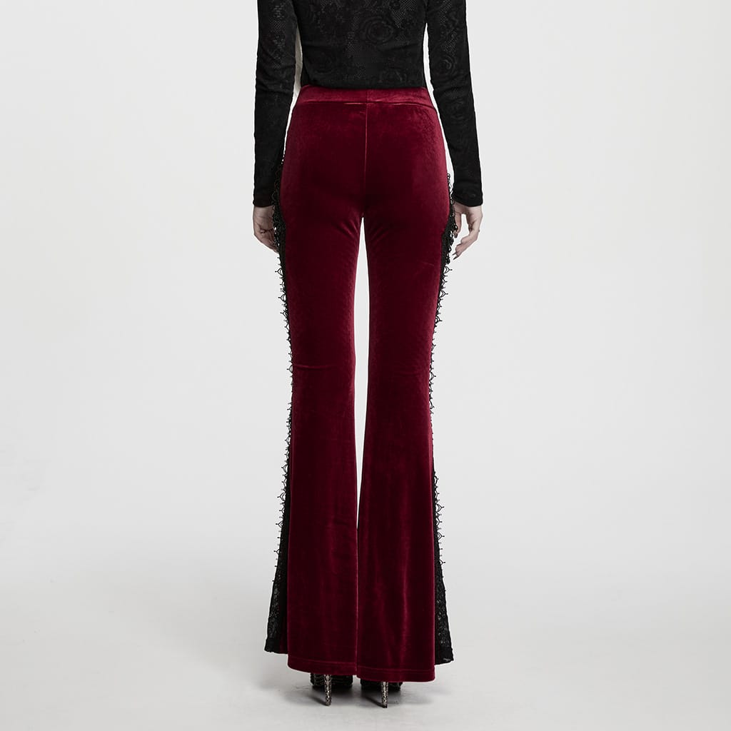 PUNK RAVE Women's Gothic Floral Lace Spliced Beaded Tassel Flare Pants Red