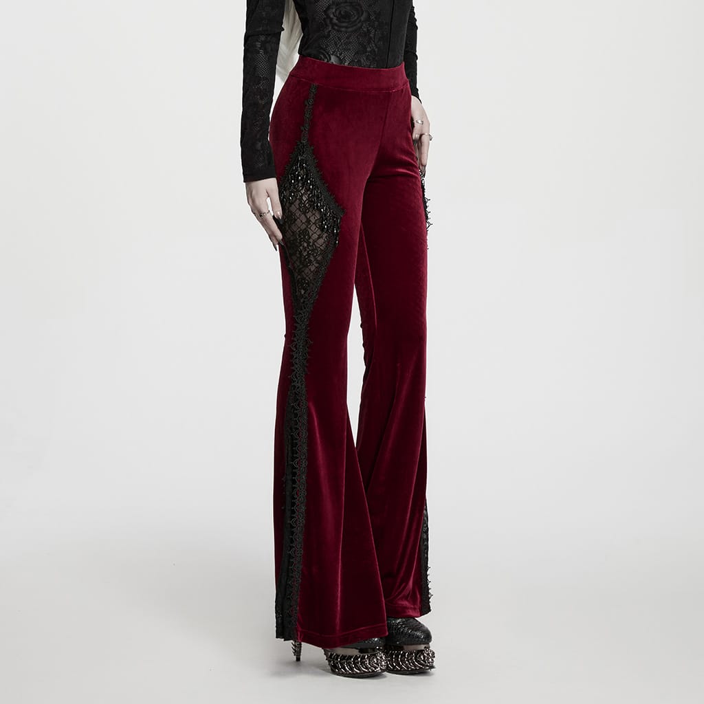 PUNK RAVE Women's Gothic Floral Lace Spliced Beaded Tassel Flare Pants Red