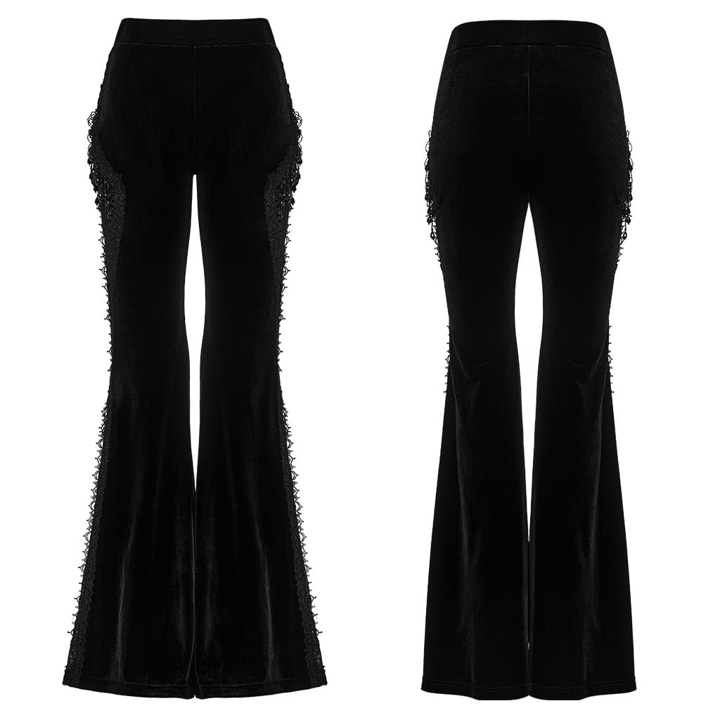PUNK RAVE Women's Gothic Floral Lace Spliced Beaded Tassel Flared Pants Black
