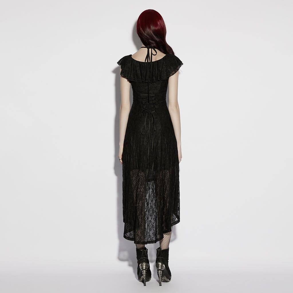 PUNK RAVE Women's Gothic Floral Mesh Cross Halterneck Dress