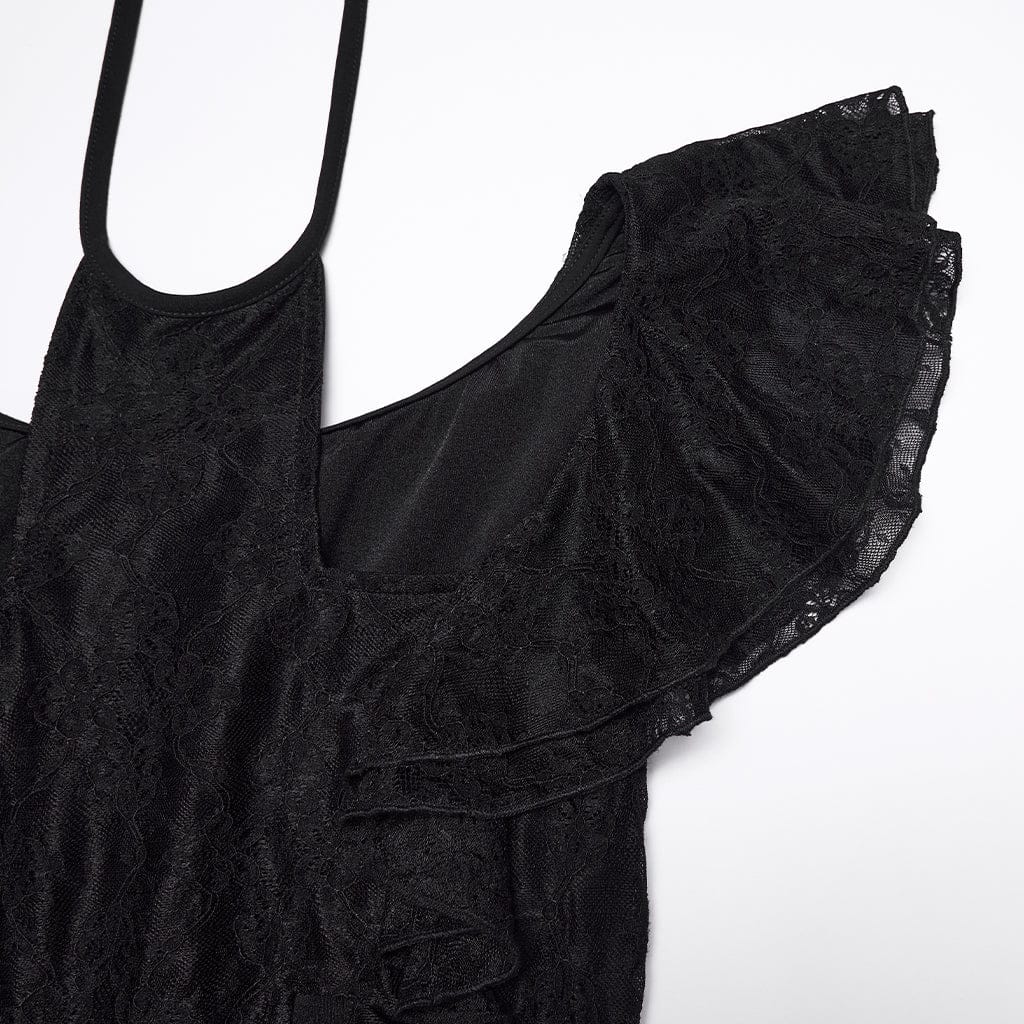 PUNK RAVE Women's Gothic Floral Mesh Cross Halterneck Dress