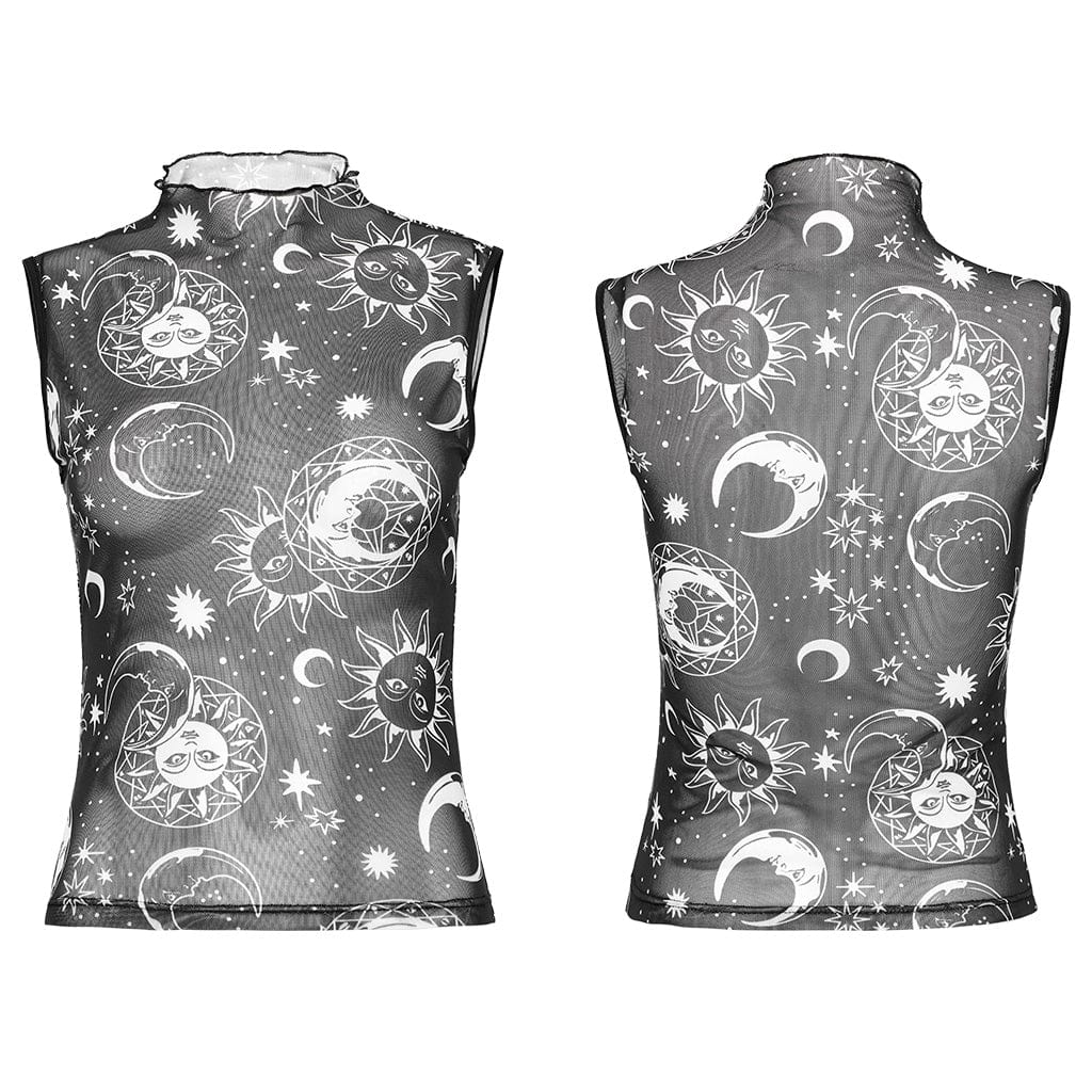 PUNK RAVE Women's Gothic Half-high Collar Sun Mesh Tank Top