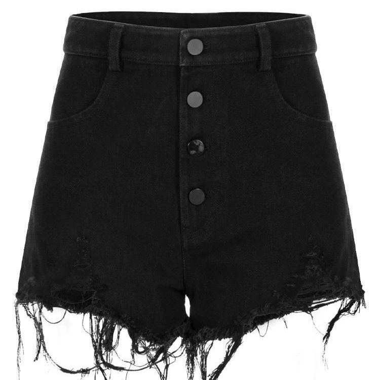 PUNK RAVE Women's Gothic High Waisted Bottoms Ripped Shorts