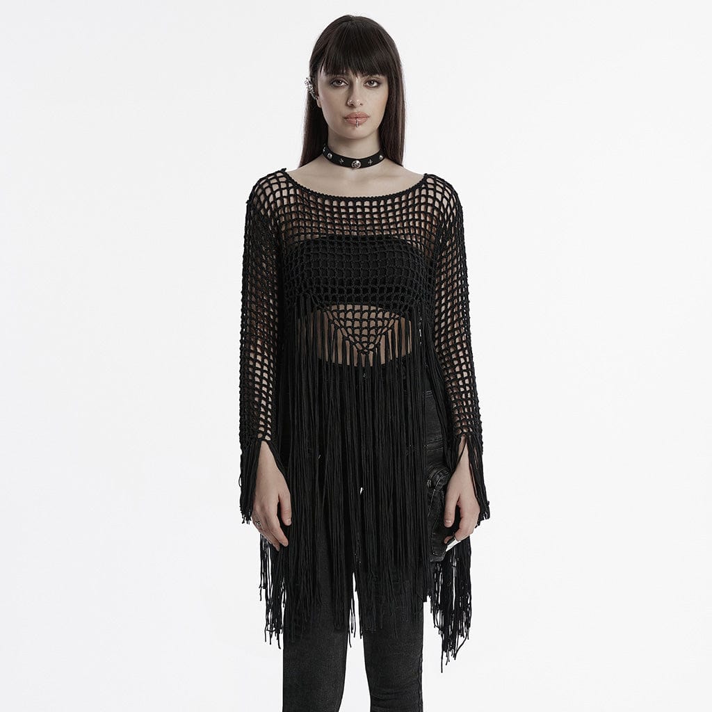 PUNK RAVE Women's Gothic Hollow-out Tassels Sweater Black