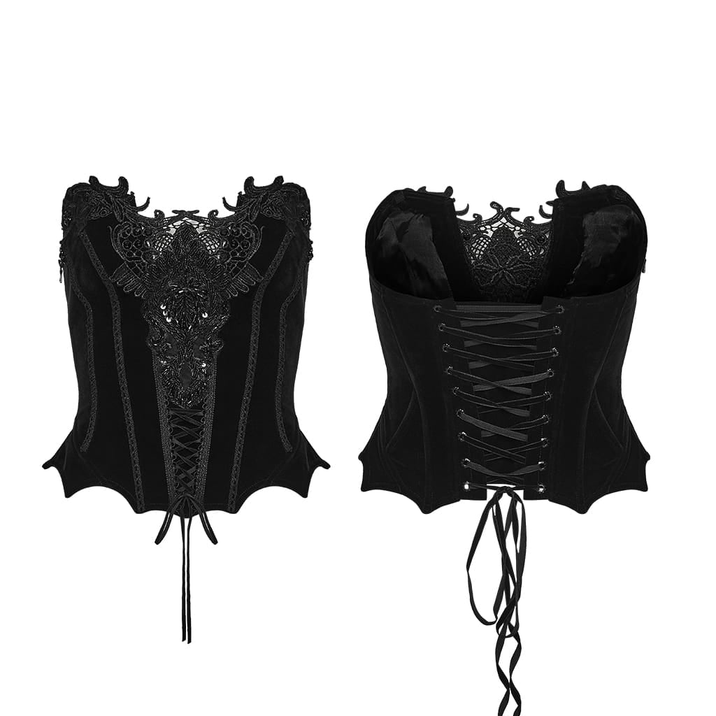 PUNK RAVE Women's Gothic Irregular Applique Lace-up Overbust Corset Black