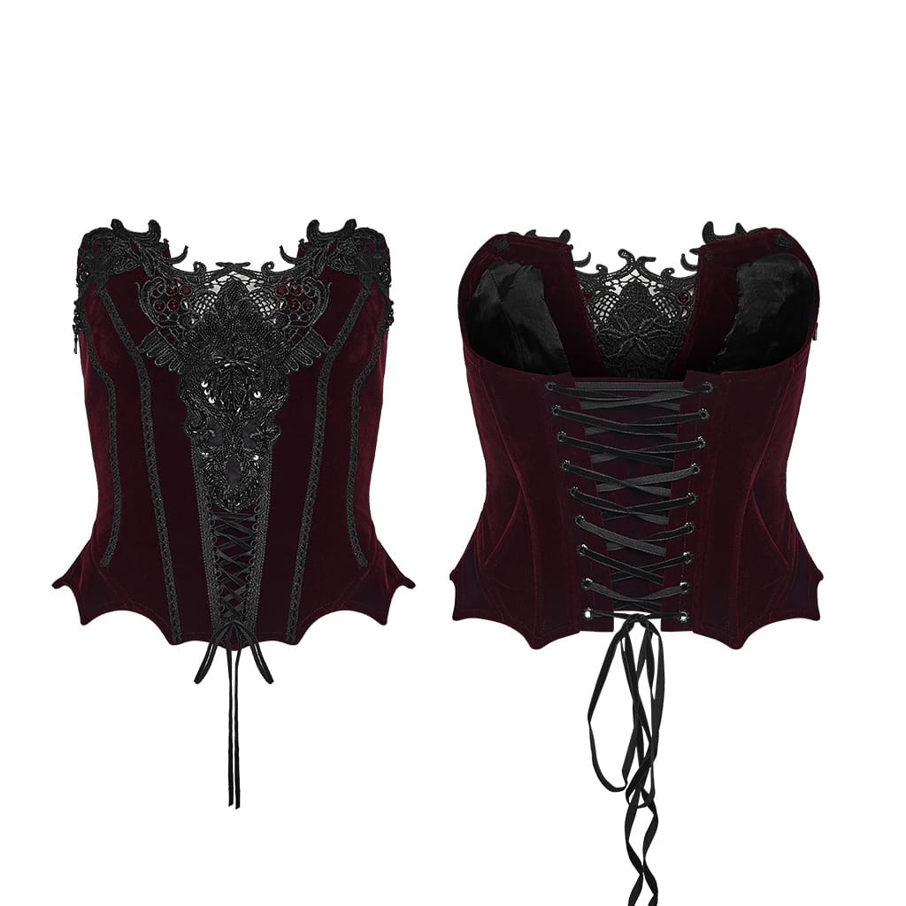 PUNK RAVE Women's Gothic Irregular Applique Lace-up Overbust Corset Red