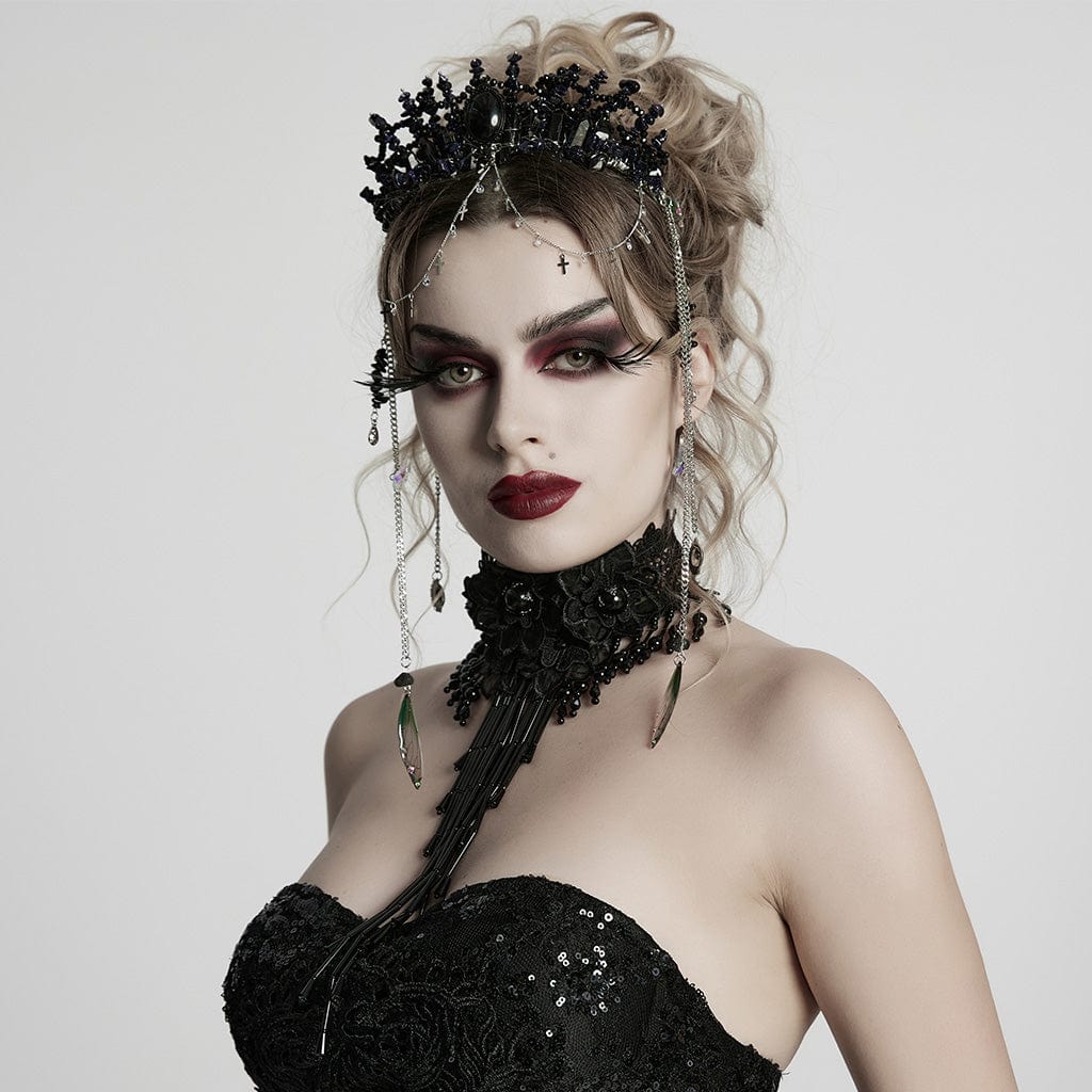 PUNK RAVE Women's Gothic Irregular Crystal Cross Headwear Black