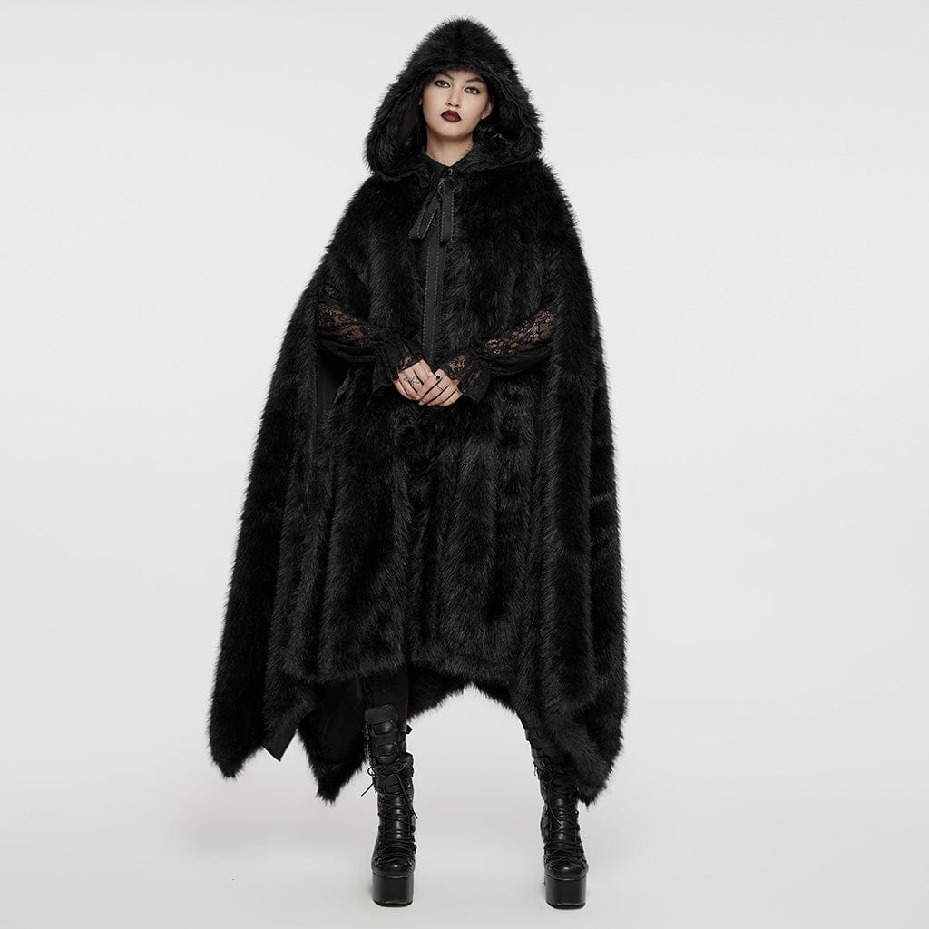 PUNK RAVE Women's Gothic Irregular Faux Fur Winter Cloak