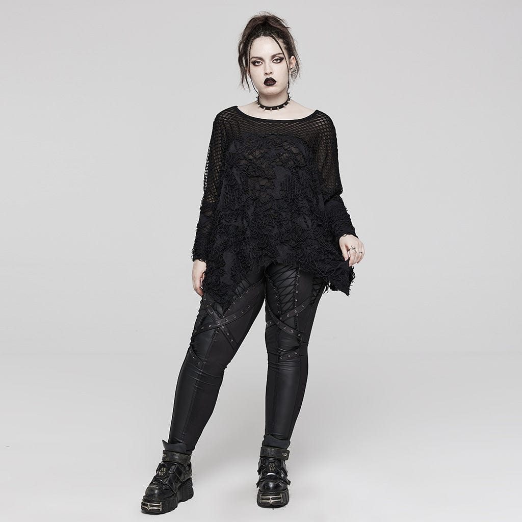 PUNK RAVE Women's Gothic Irregular Ripped Mesh Splice Shirt