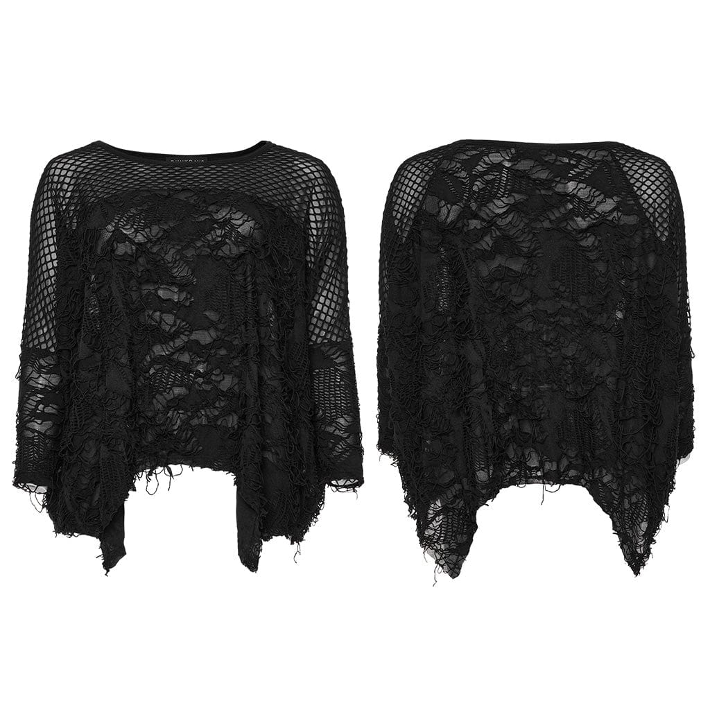 PUNK RAVE Women's Gothic Irregular Ripped Mesh Splice Shirt