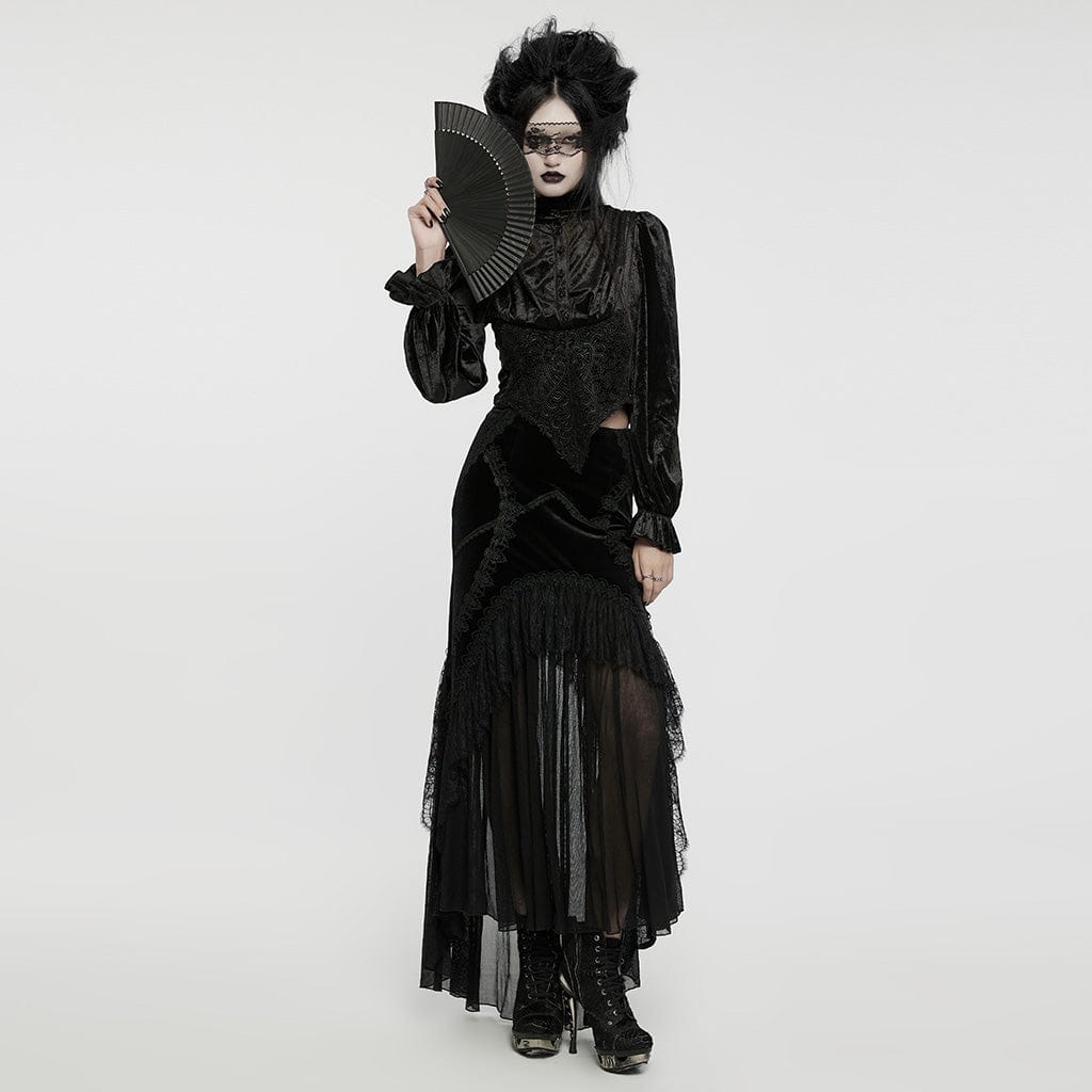 PUNK RAVE Women's Gothic Irregular Stand Collar Pleated Velvet Shirt