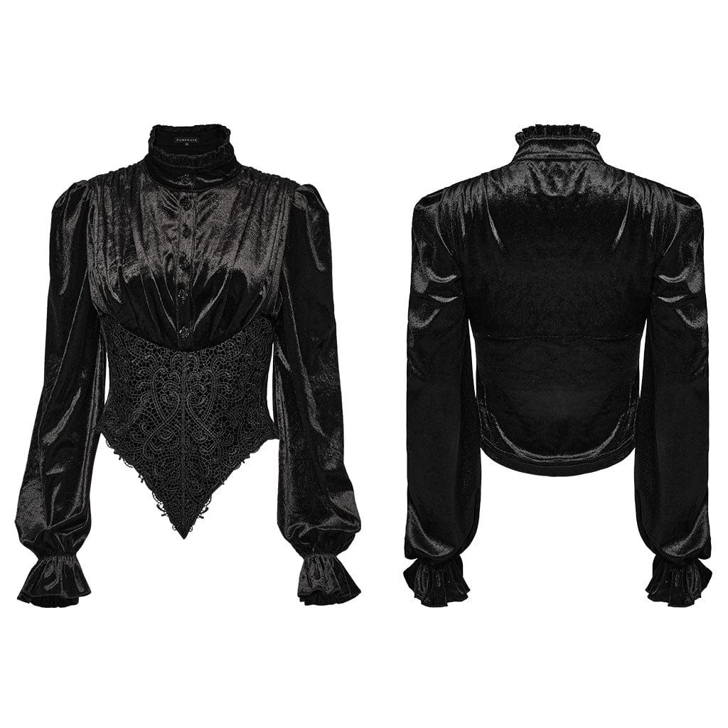 PUNK RAVE Women's Gothic Irregular Stand Collar Pleated Velvet Shirt