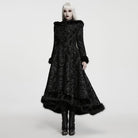 PUNK RAVE Women's Gothic Jacquard Lace-up Faux Fur Trim Long Jacket Black
