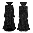 PUNK RAVE Women's Gothic Jacquard Lace-up Faux Fur Trim Long Jacket Black