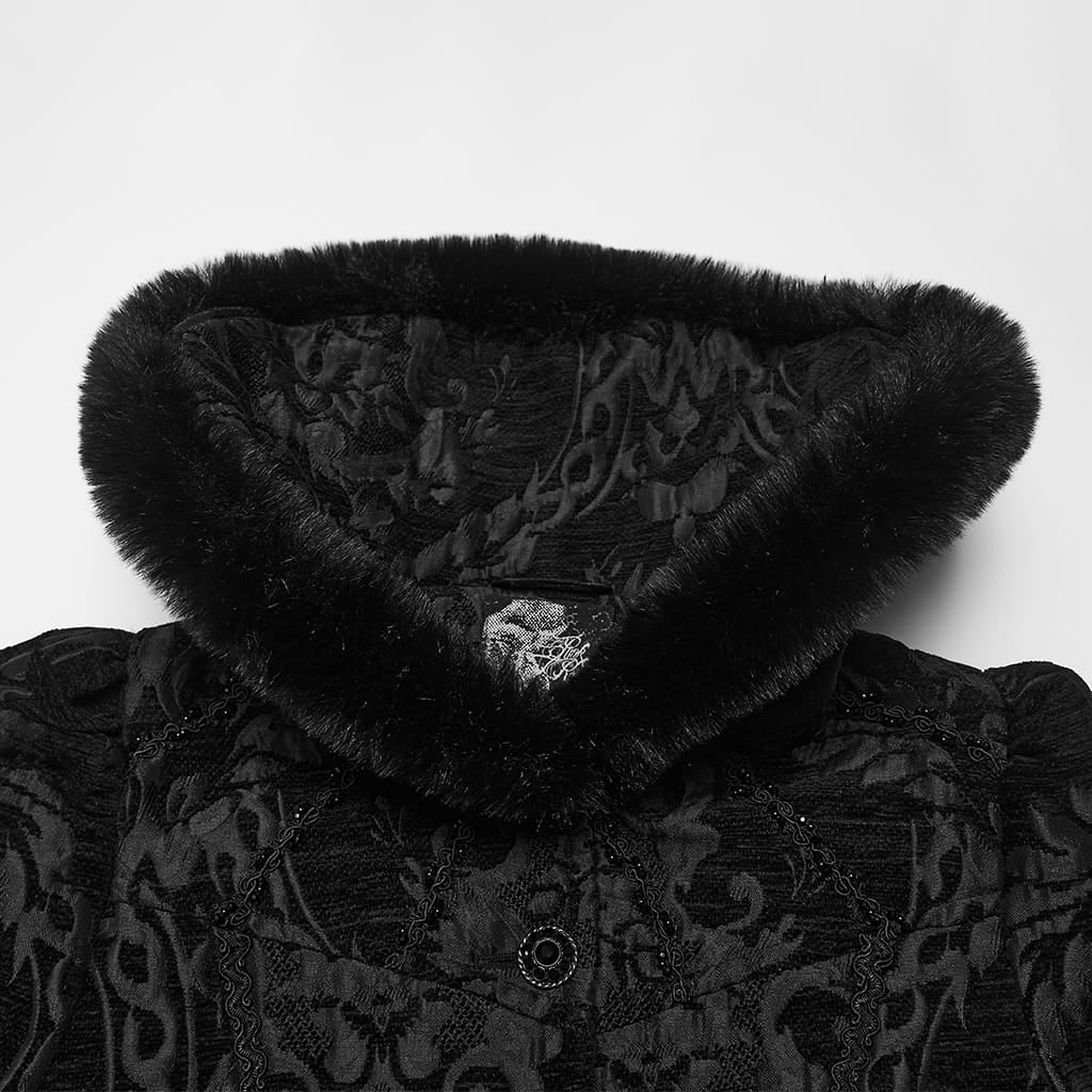 PUNK RAVE Women's Gothic Jacquard Lace-up Faux Fur Trim Long Jacket Black