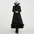 PUNK RAVE Women's Gothic Jacquard Lace-up Faux Fur Trim Long Jacket Black