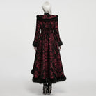 PUNK RAVE Women's Gothic Jacquard Lace-up Faux Fur Trim Long Jacket Red