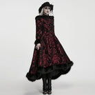 PUNK RAVE Women's Gothic Jacquard Lace-up Faux Fur Trim Long Jacket Red