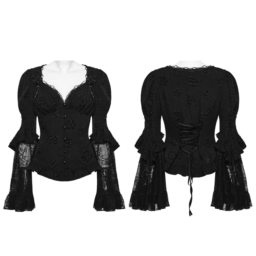 PUNK RAVE Women's Gothic Jacquard Plunging V-Neck Puff Flare Sleeve Shirt