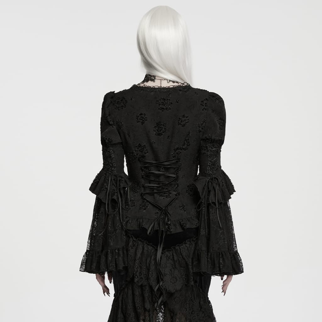 PUNK RAVE Women's Gothic Jacquard Plunging V-Neck Puff Flare Sleeve Shirt