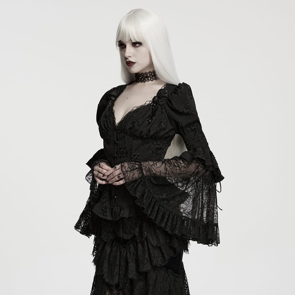 PUNK RAVE Women's Gothic Jacquard Plunging V-Neck Puff Flare Sleeve Shirt