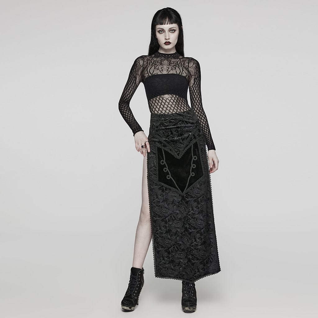 PUNK RAVE Women's Gothic Jacquard Side Slit Lace-Up Long Skirt