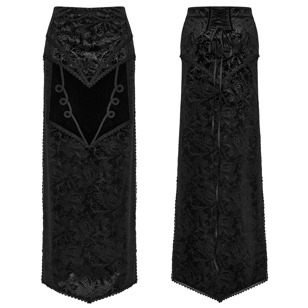 PUNK RAVE Women's Gothic Jacquard Side Slit Lace-Up Long Skirt