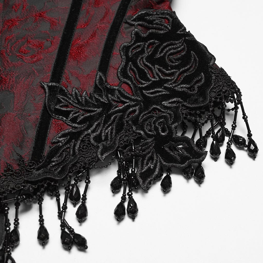 PUNK RAVE Women's Gothic Jacquard Tassels Underbust Corset Black-Red