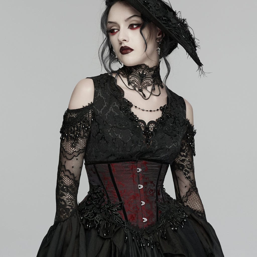 PUNK RAVE Women's Gothic Jacquard Tassels Underbust Corset Black-Red