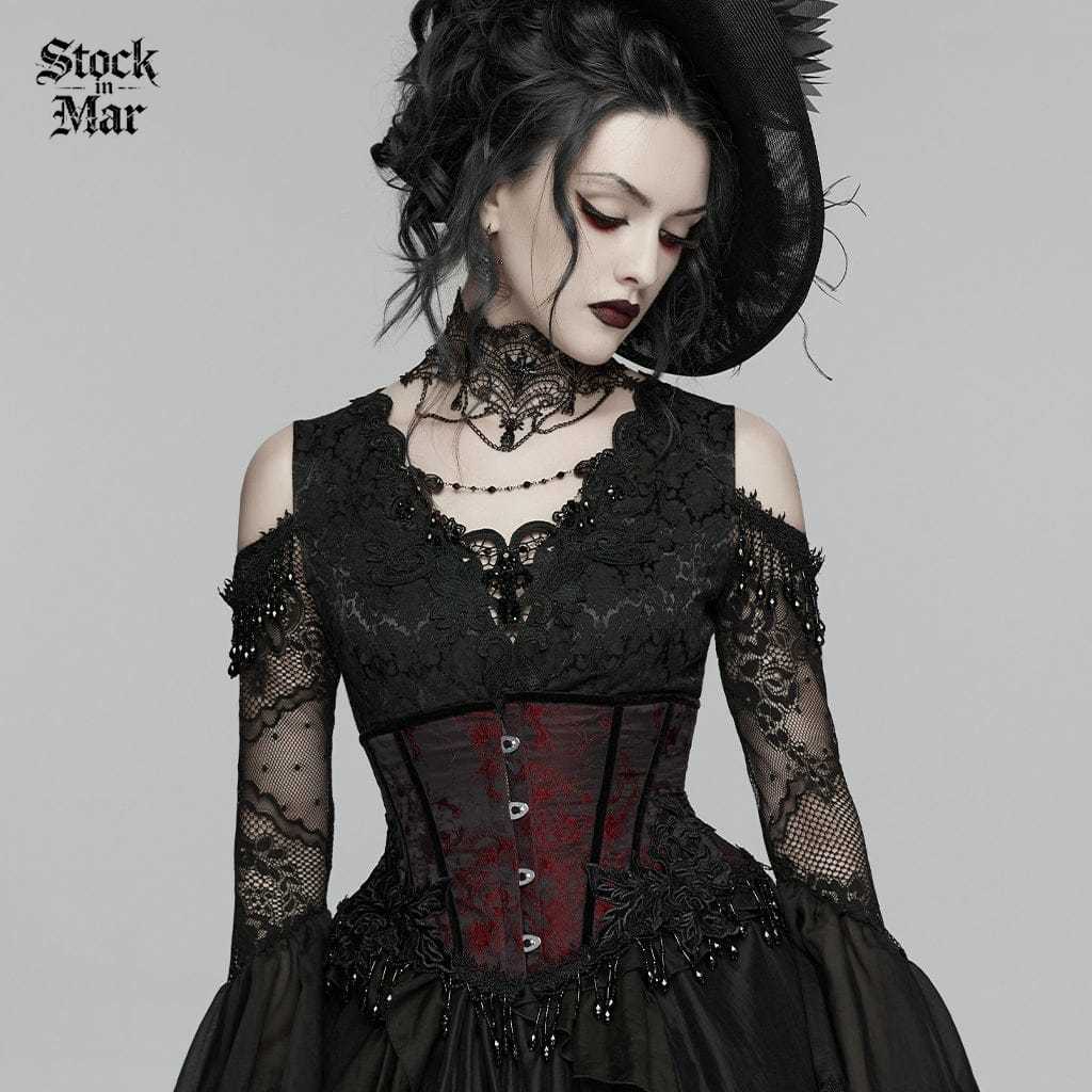 PUNK RAVE Women's Gothic Jacquard Tassels Underbust Corset Black-Red