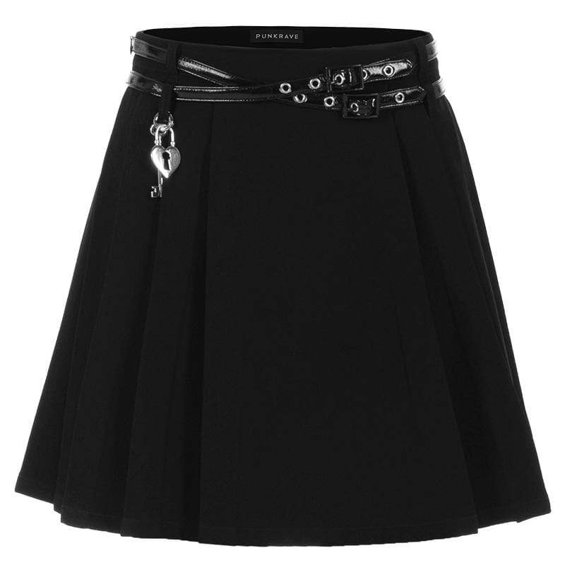 PUNK RAVE Women's Gothic Key&Lock Plaid Pleated Skirts With PU Belt