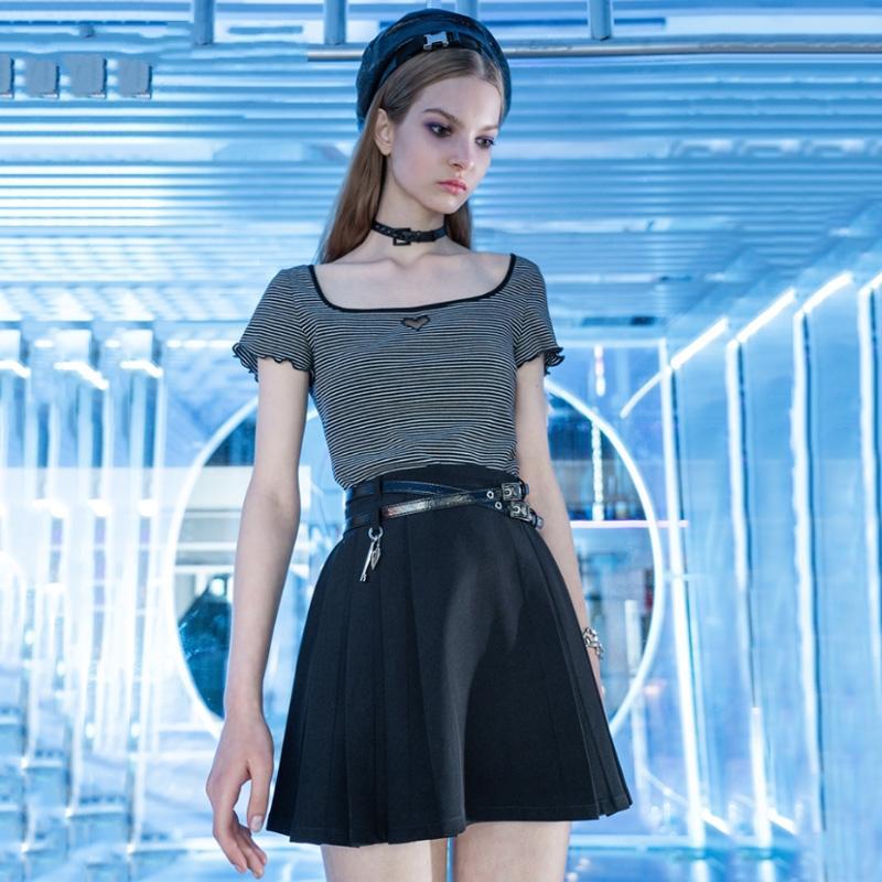 PUNK RAVE Women's Gothic Key&Lock Plaid Pleated Skirts With PU Belt