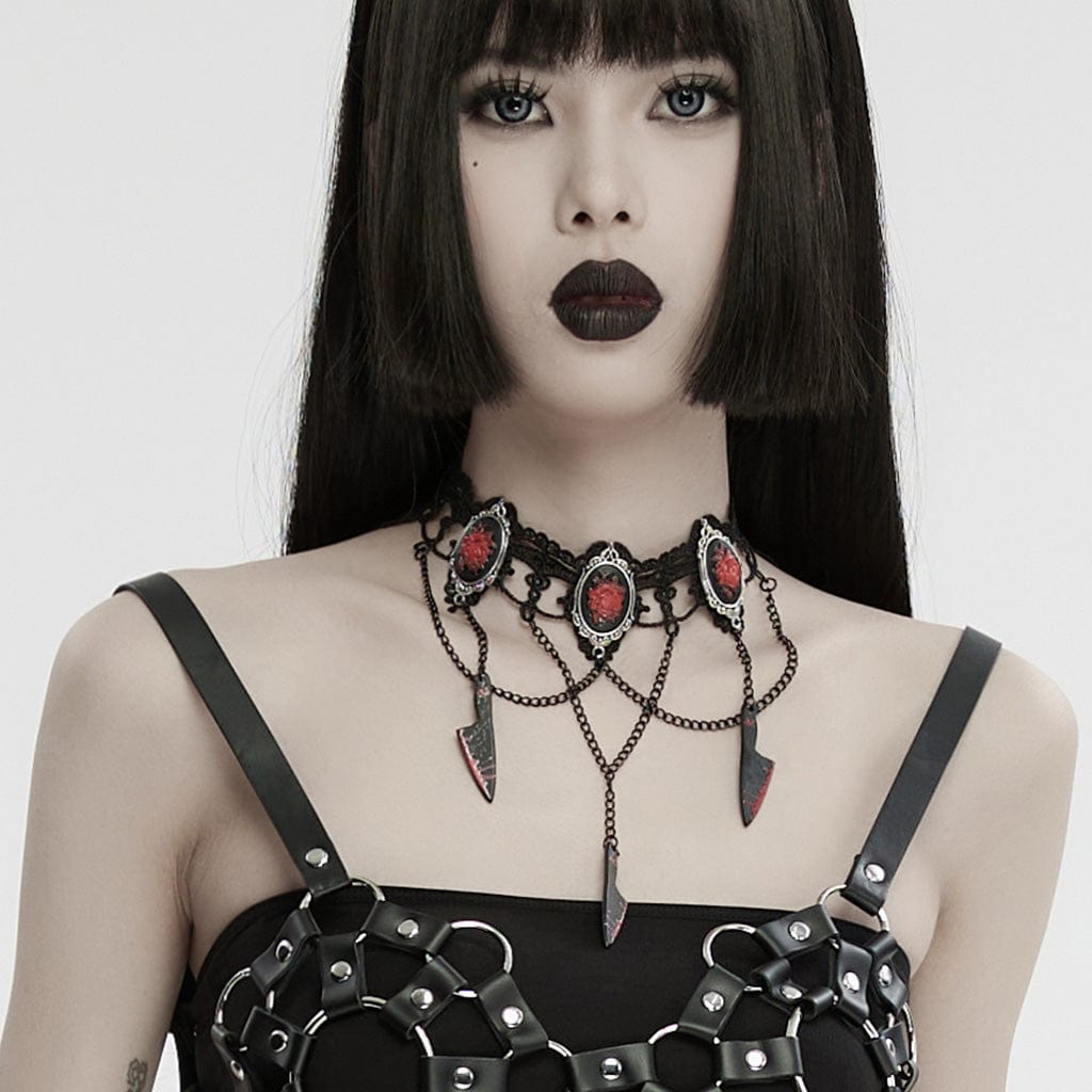 PUNK RAVE Women's Gothic Knife Rose Embroidered Choker