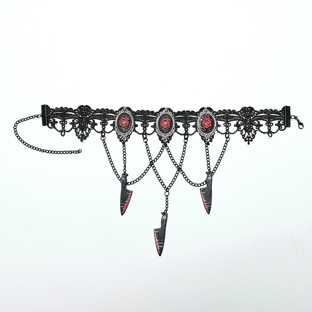 PUNK RAVE Women's Gothic Knife Rose Embroidered Choker