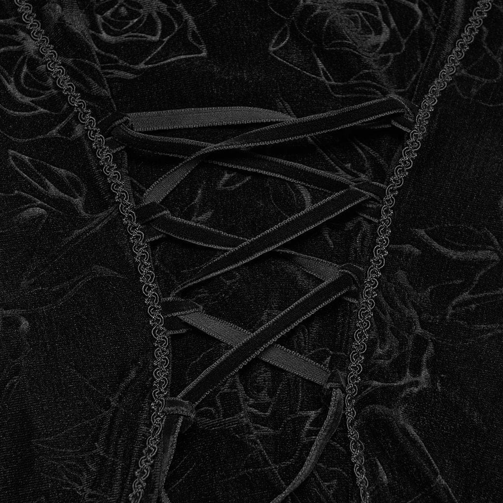 PUNK RAVE Women's Gothic Lace Cutout Rose Printed Velvet Short Sleeved Top