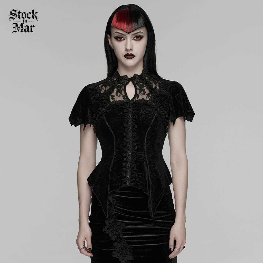 PUNK RAVE Women's Gothic Lace Cutout Rose Printed Velvet Short Sleeved Top