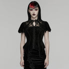 PUNK RAVE Women's Gothic Lace Cutout Rose Printed Velvet Short Sleeved Top