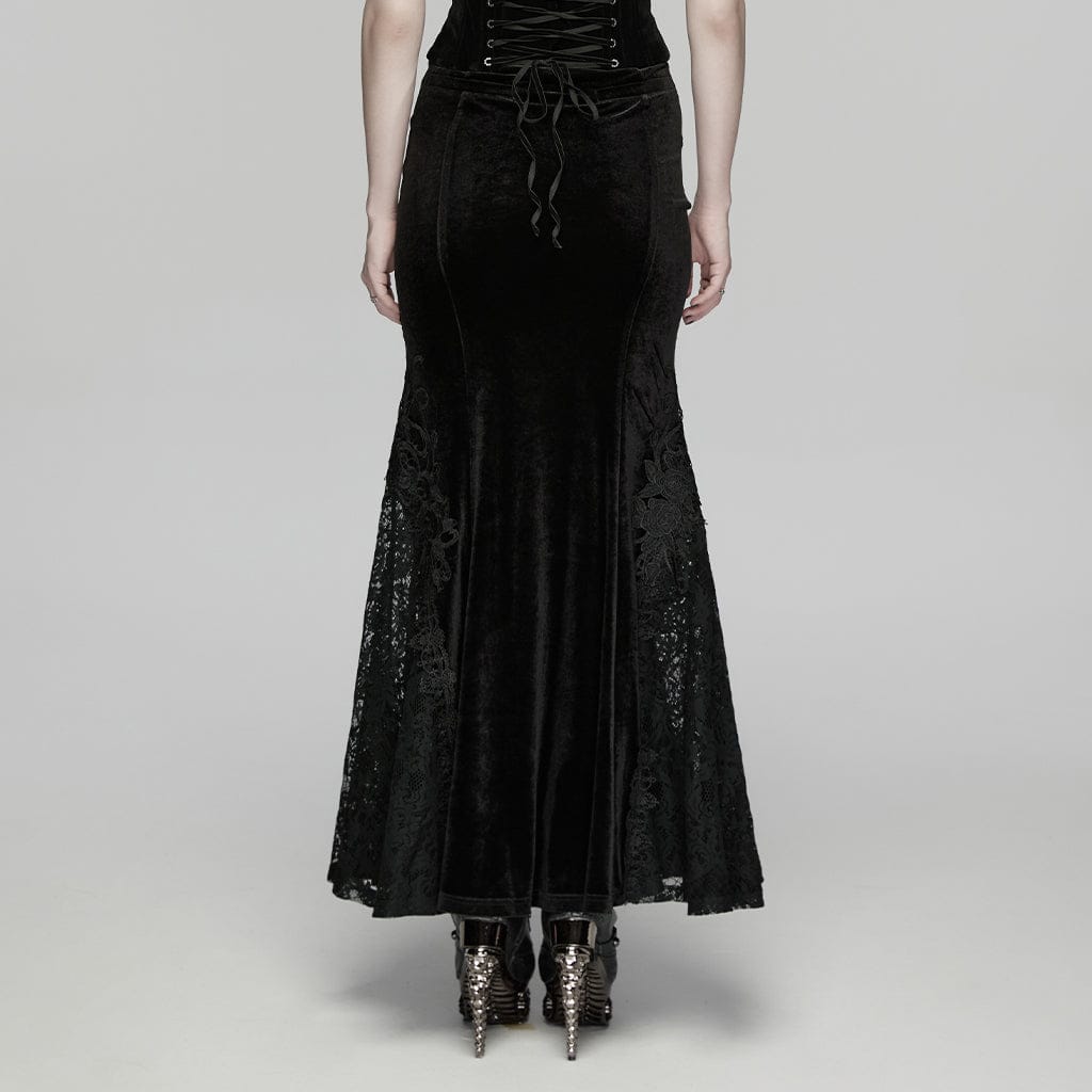PUNK RAVE Women's Gothic Lace Embroidered Velvet Skirt