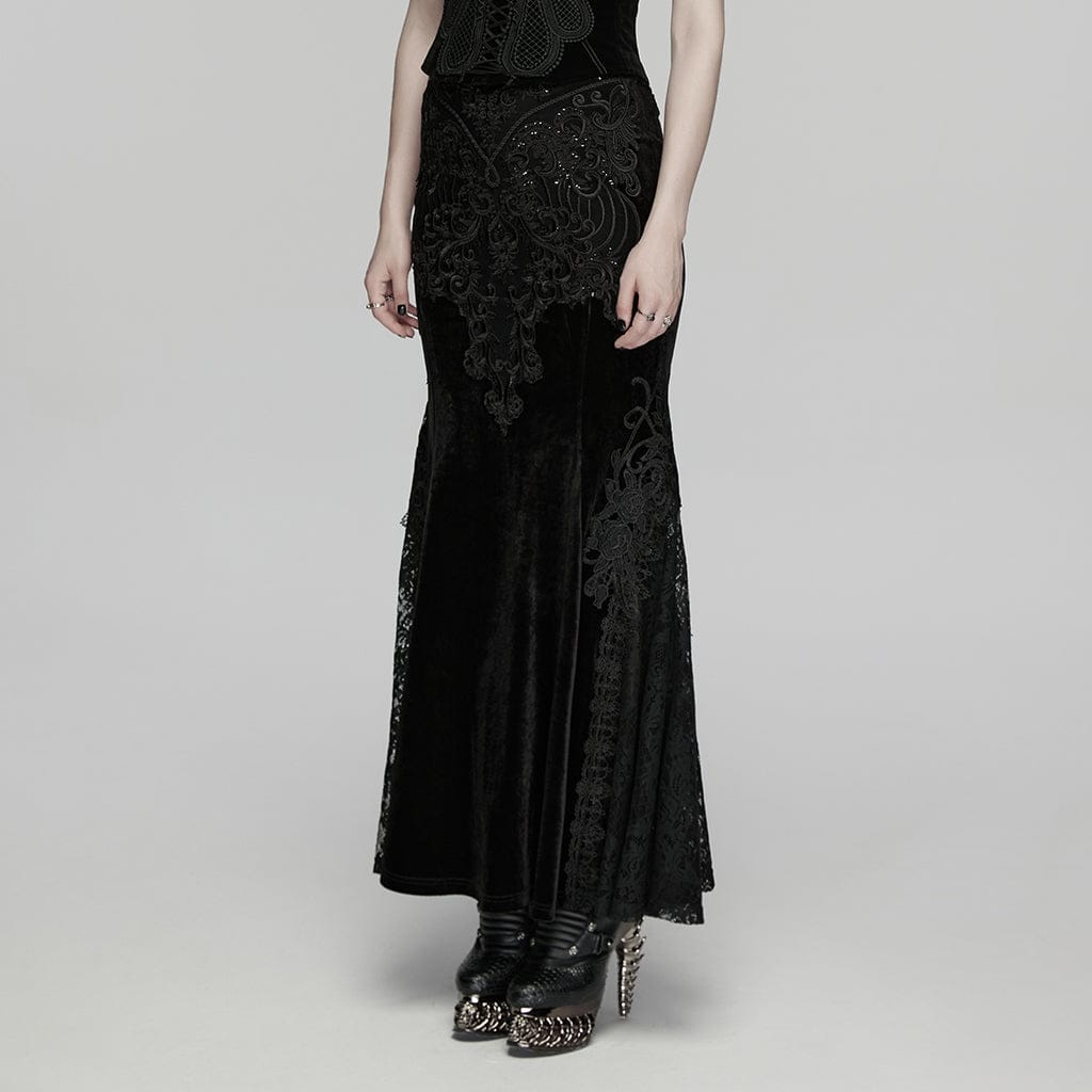 PUNK RAVE Women's Gothic Lace Embroidered Velvet Skirt