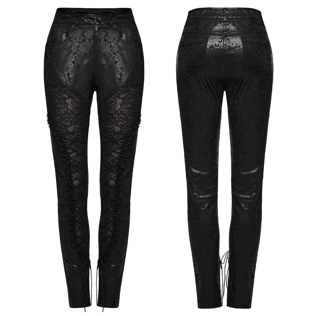 PUNK RAVE Women's Gothic Lace Lace-Up Leggings