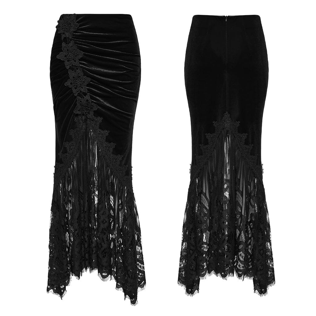 PUNK RAVE Women's Gothic Lace Ruched Fishtail Velvet Skirt Black