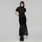 PUNK RAVE Women's Gothic Lace Ruched Fishtail Velvet Skirt Black