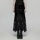 PUNK RAVE Women's Gothic Lace Ruched Fishtail Velvet Skirt Black