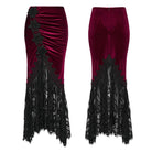 PUNK RAVE Women's Gothic Lace Ruched Fishtail Velvet Skirt Black-Red