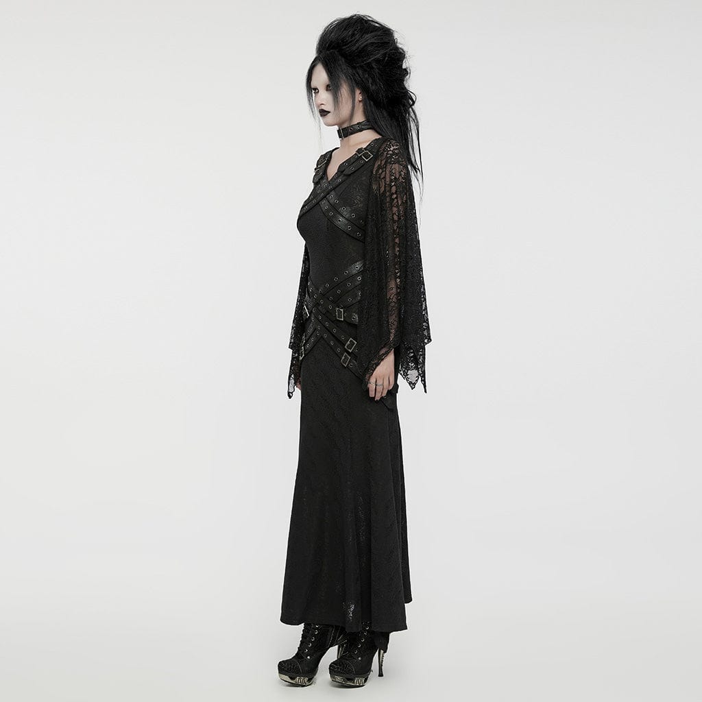 PUNK RAVE Women's Gothic Lace Sleeved Buckle Strap Splice Party Dress